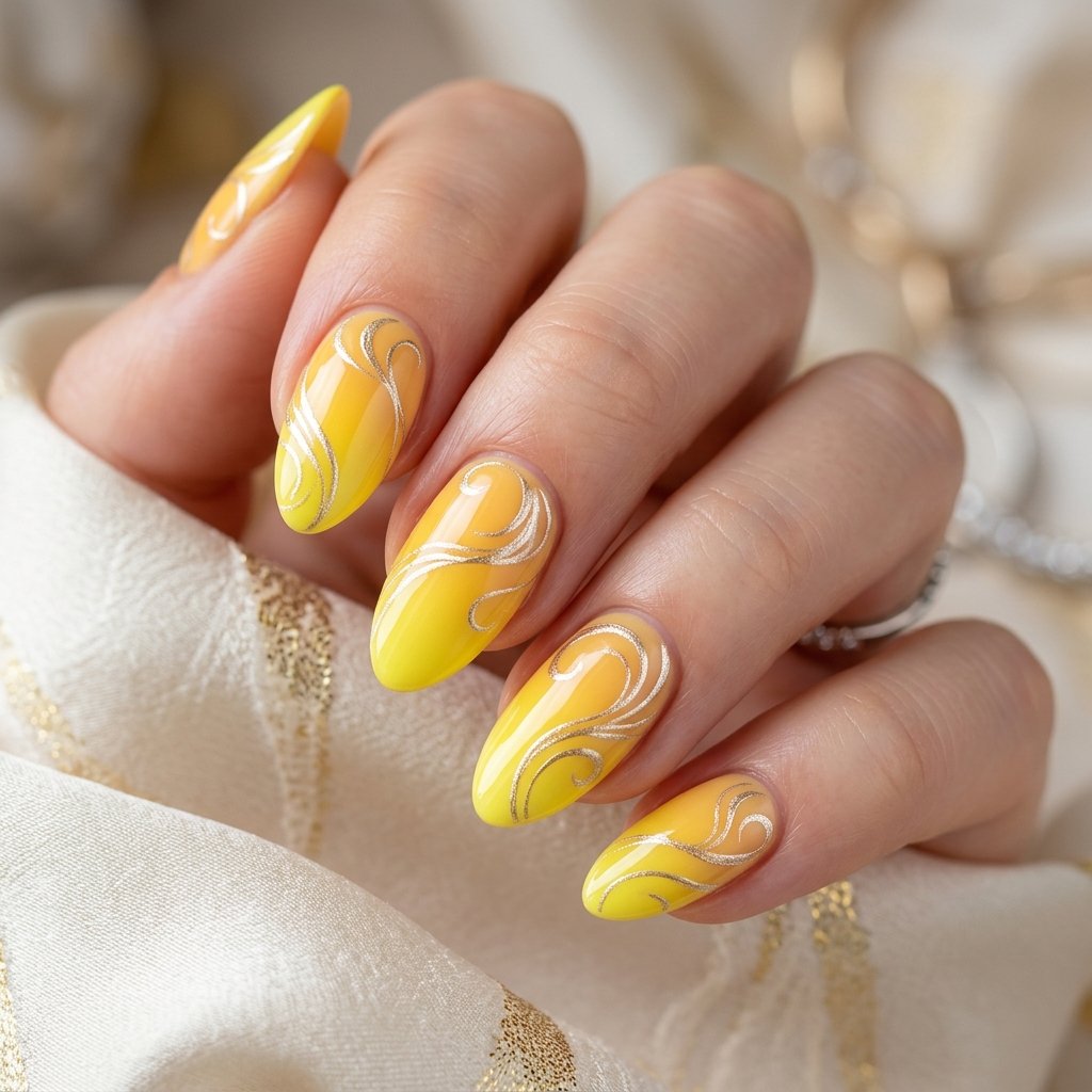 Yellow Ombre Nails with Abstract Art