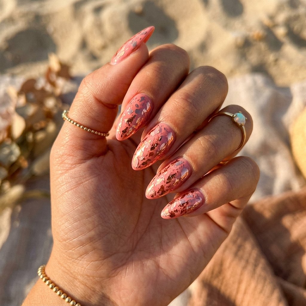 Salmon Pink Chrome Flake Nails