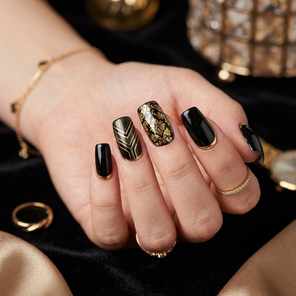 Graduation Nails Ideas: 29 Fresh Looks for Your Big Day 11 Black and Gold Nail Ideas