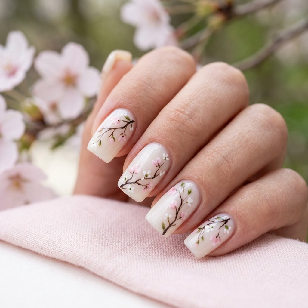 Cherry Blossom Botanical Art Nails