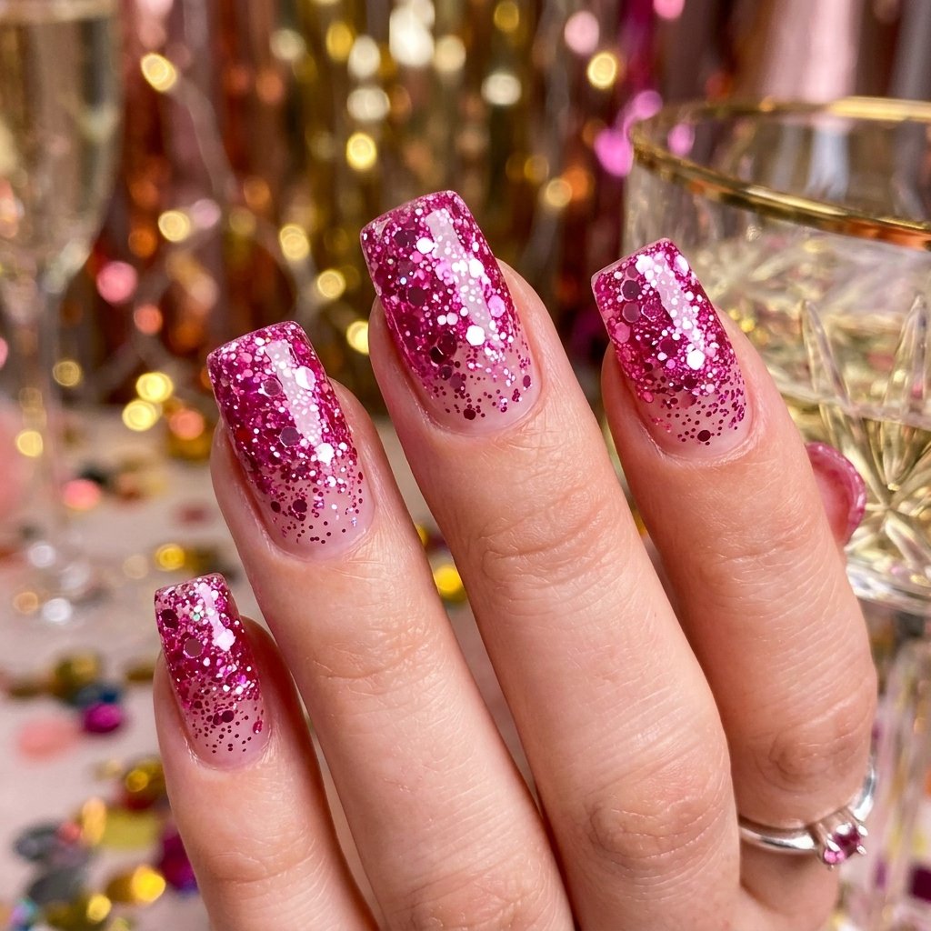 Chunky Pink Glitter Gradient Nails