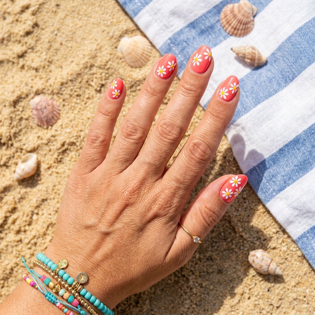 Coral Pink Summer Flower Art Nails