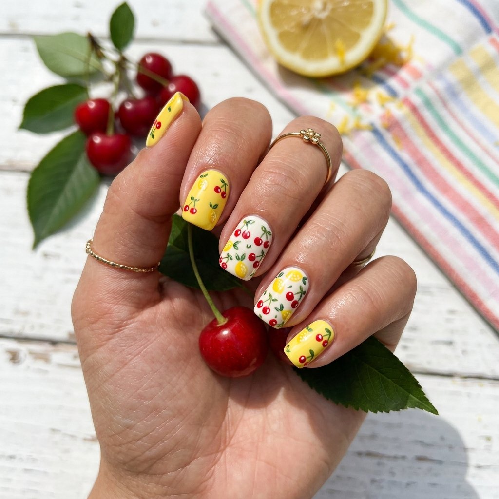 Fruit Print Short Nail Ideas
