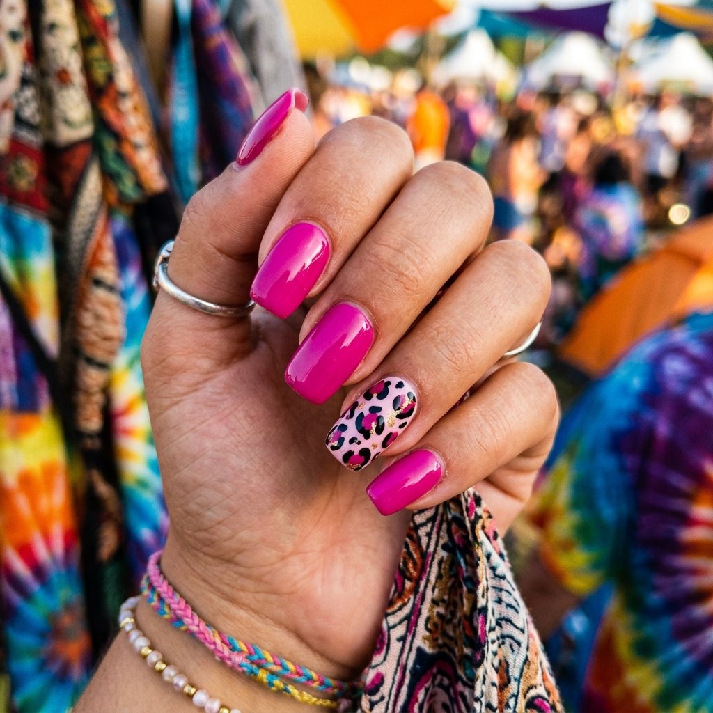 Fuchsia Animal Print Accent Nails