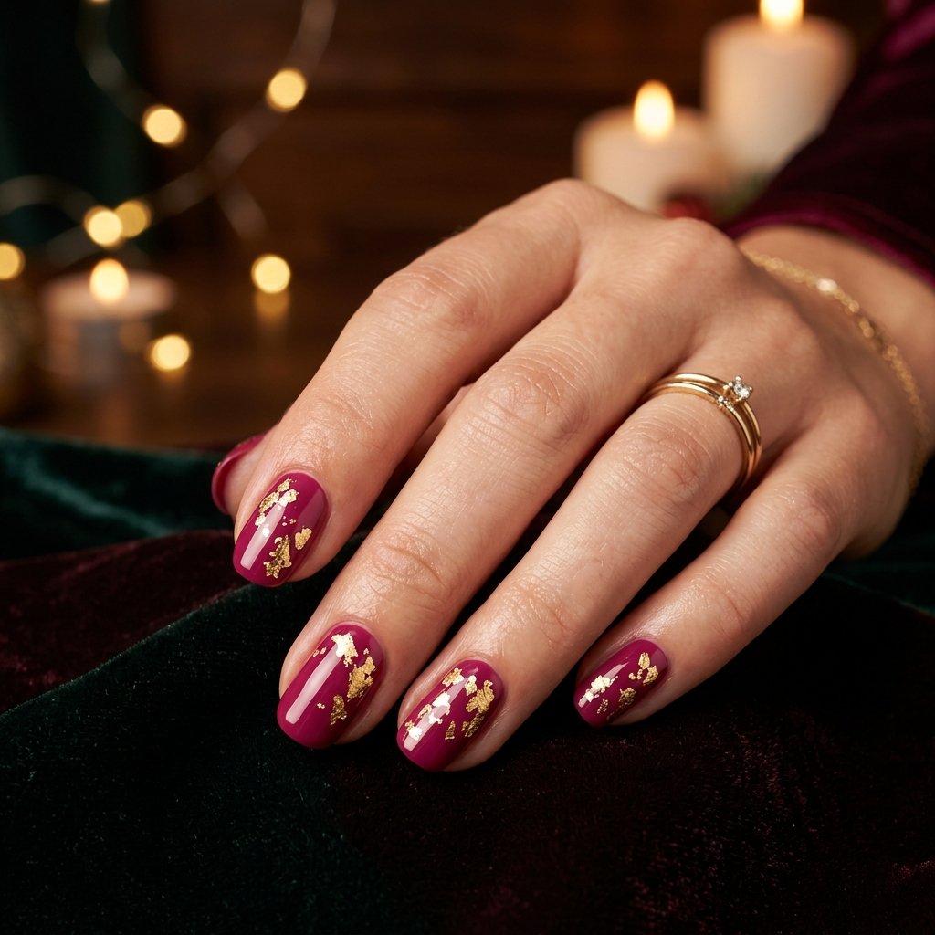 Magenta and Gold Leaf Accent Nails