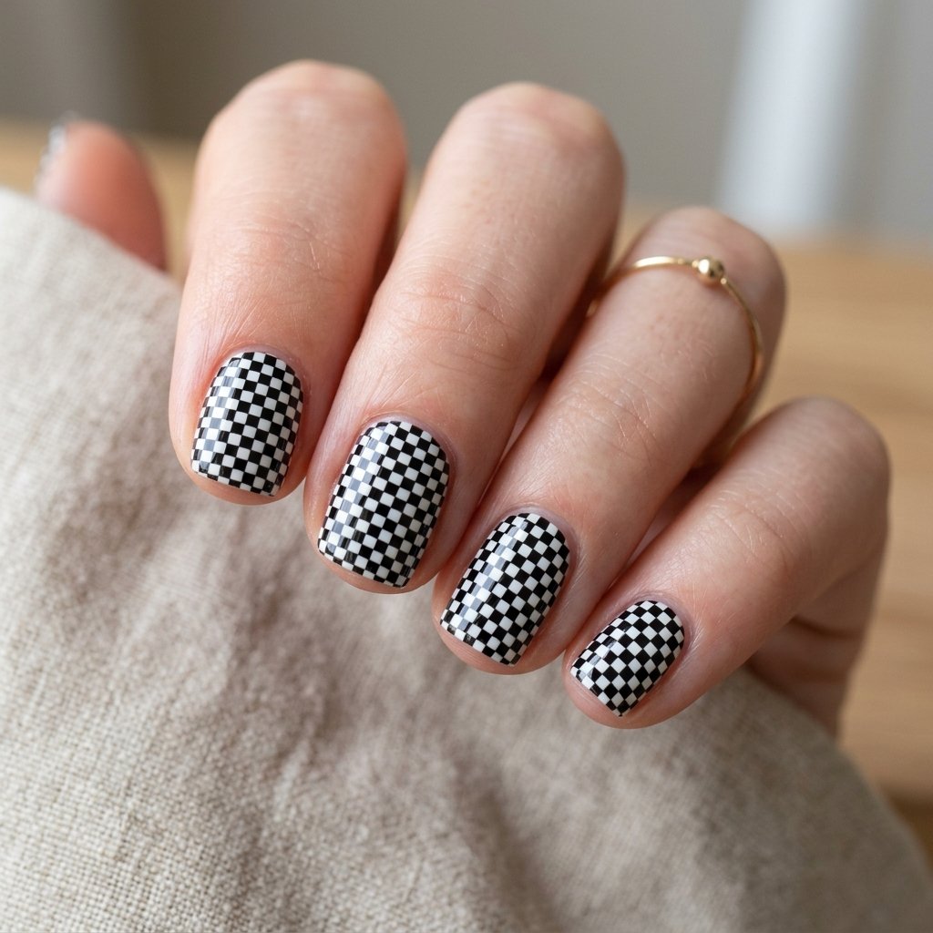 30 Minimalist & Bold Short Nails Art Ideas You'll Love 14 Monochrome Checkerboard Grid
