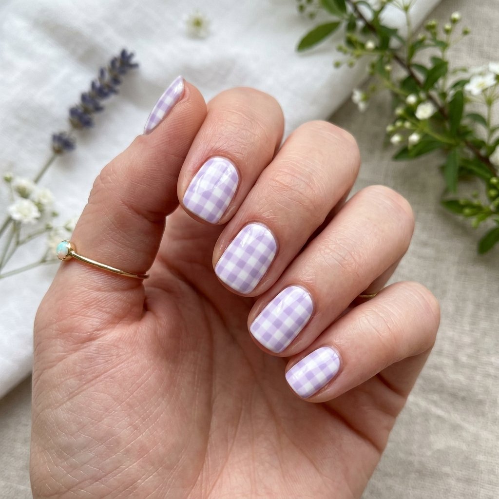 30 Minimalist & Bold Short Nails Art Ideas You'll Love 29 Lilac Gingham Print