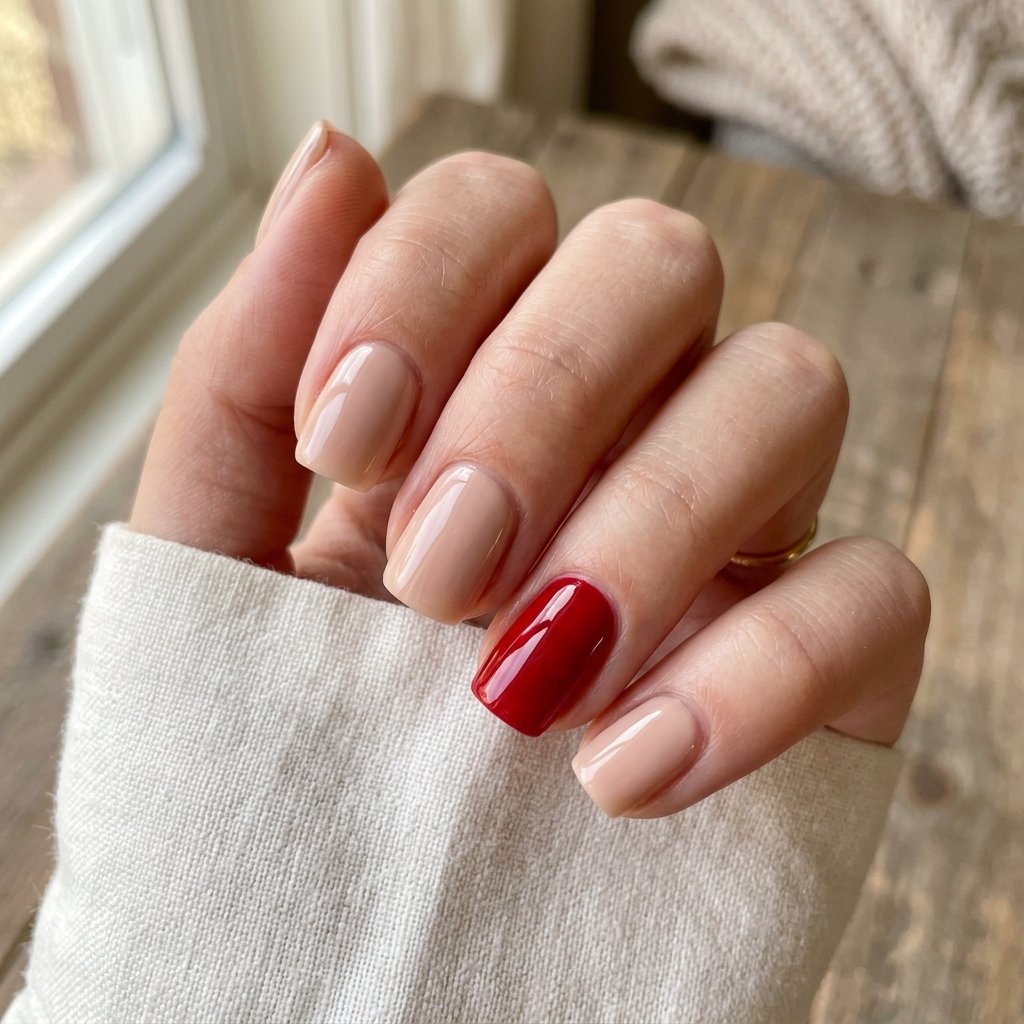 30 Stunning Christmas Nails Simple Ideas You Can Do at Home 32 Single Candy Apple Red Accent Finger