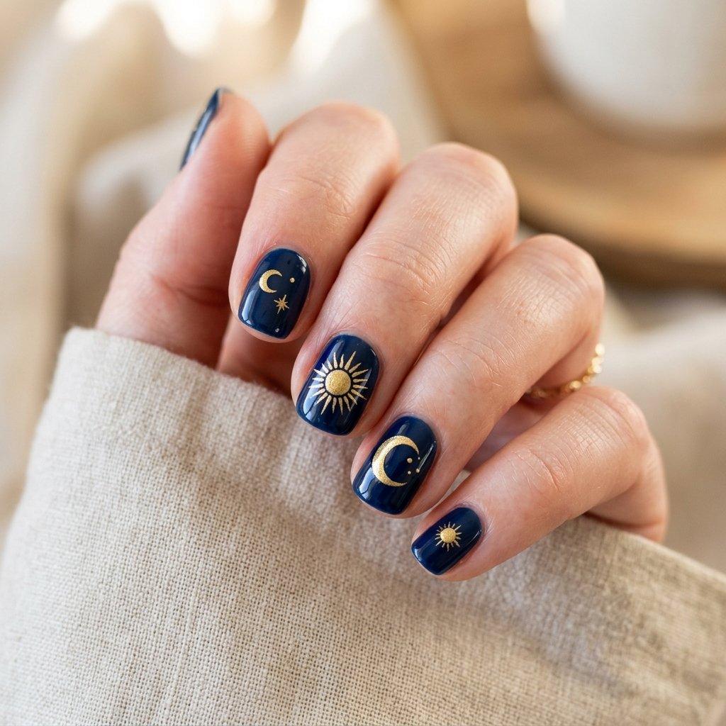 30 Minimalist & Bold Short Nails Art Ideas You'll Love 26 Sun and Moon Celestial Motifs