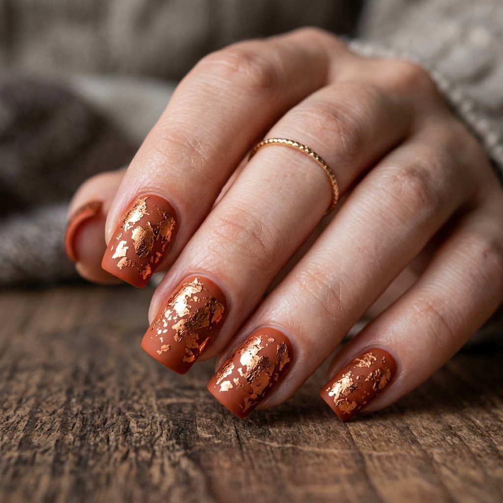 30 Fall Nails Ideas to Inspire Your Next Manicure This Season 2026 22 Copper Foil Nail Ideas