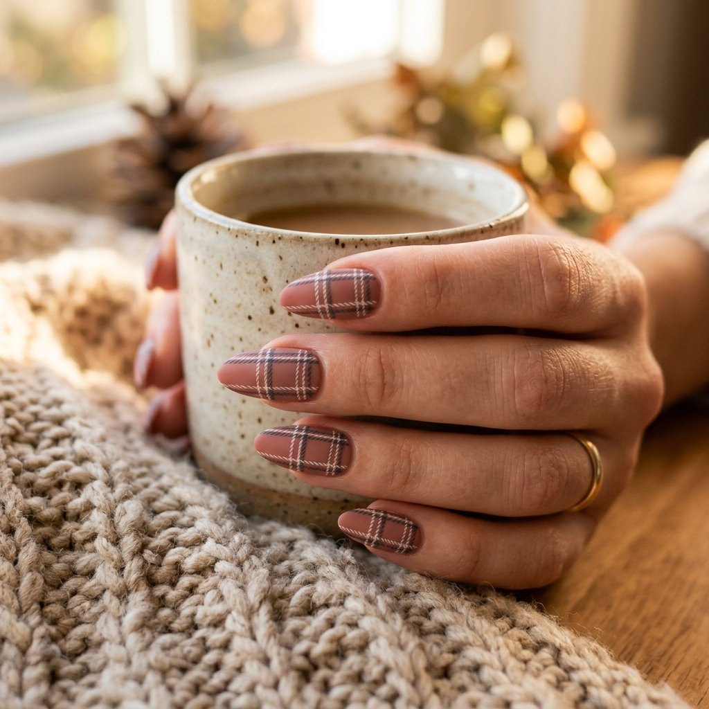 Dusty Rose Plaid Print Nails