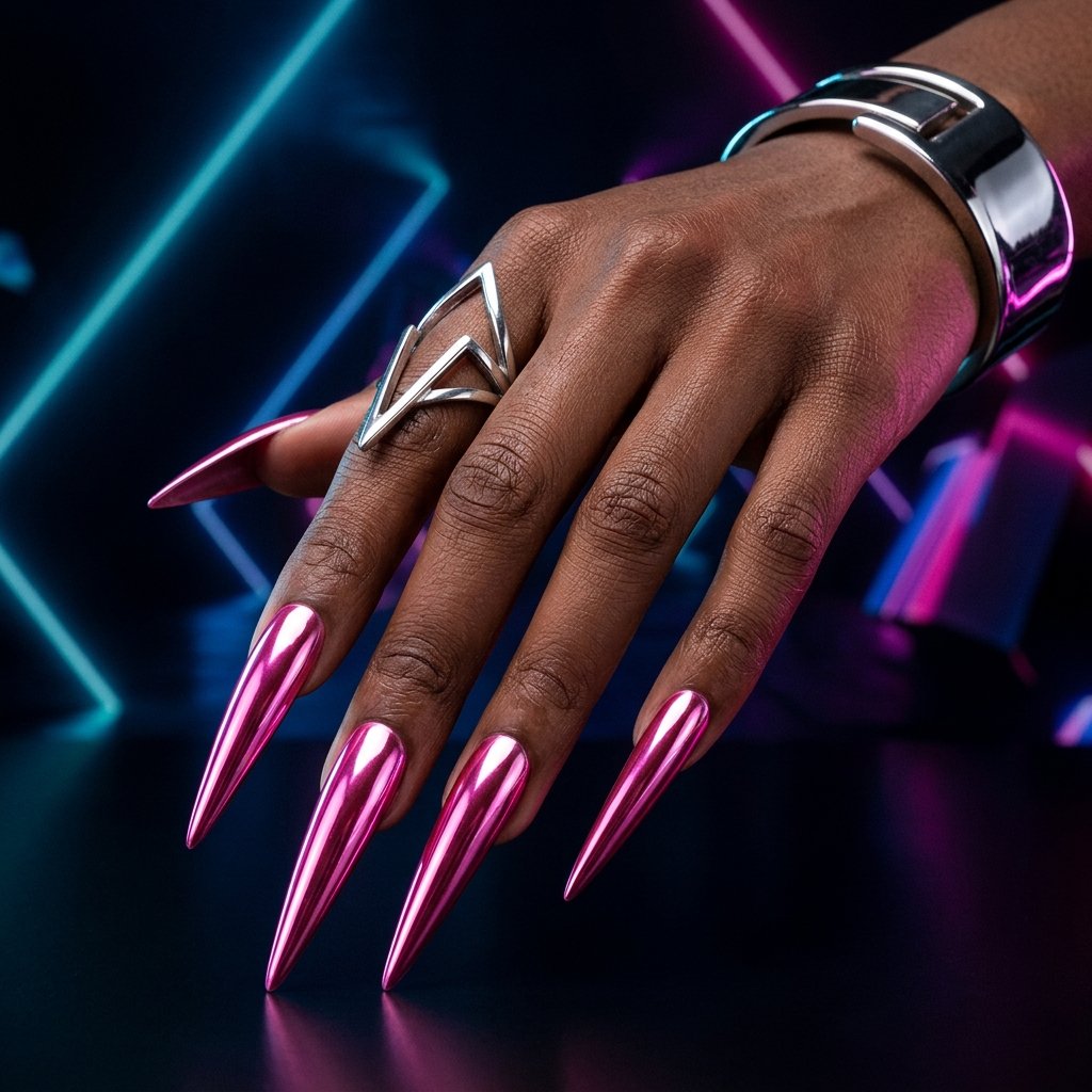 Chrome Flamingo Pink Stiletto Nails