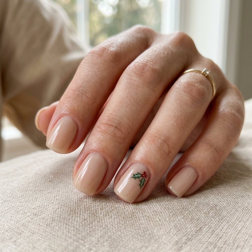 30 Stunning Christmas Nails Simple Ideas You Can Do at Home 6 Tiny Green Holly Leaf Accent