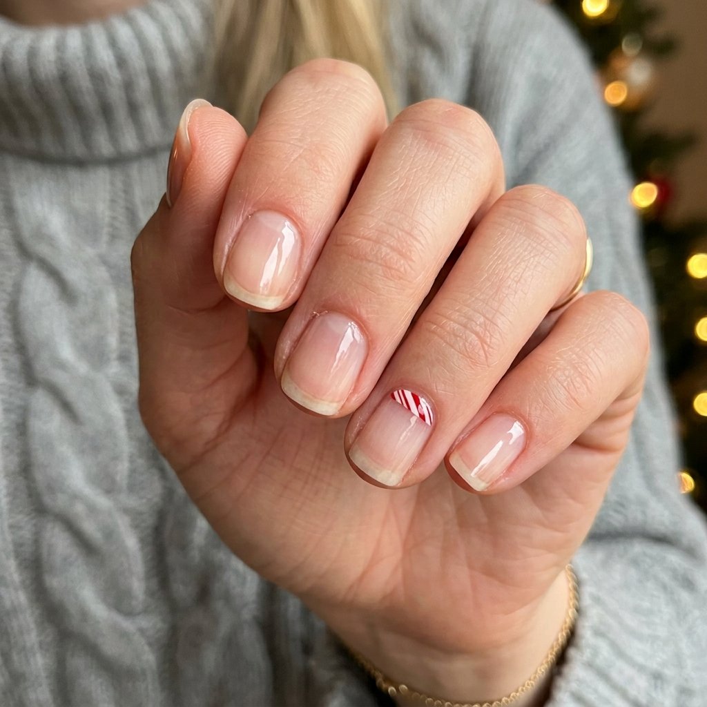 30 Stunning Christmas Nails Simple Ideas You Can Do at Home 8 Bare Nail with Single Candy Cane Line