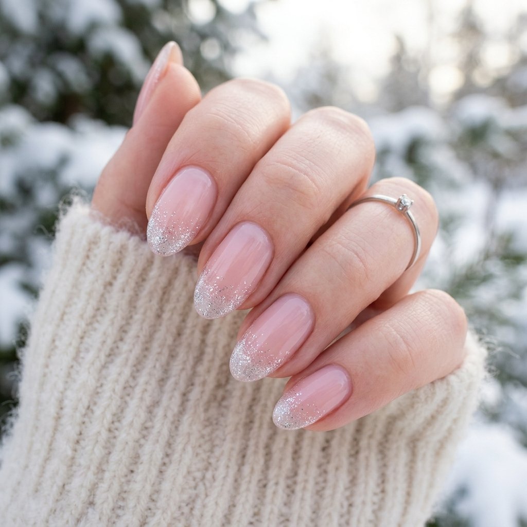 30 Stunning Christmas Nails Simple Ideas You Can Do at Home 5 Sheer Pink with Silver Sparkle Tips