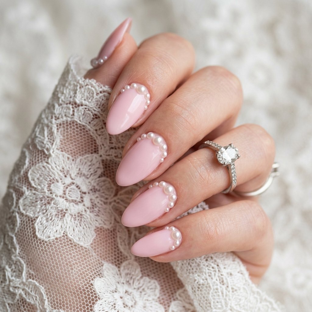 Pastel Pink Pearl Embellishment Nails