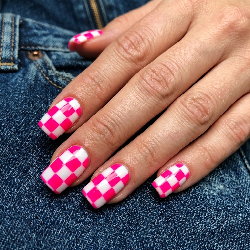 Bright Pink Checkerboard Print Nails