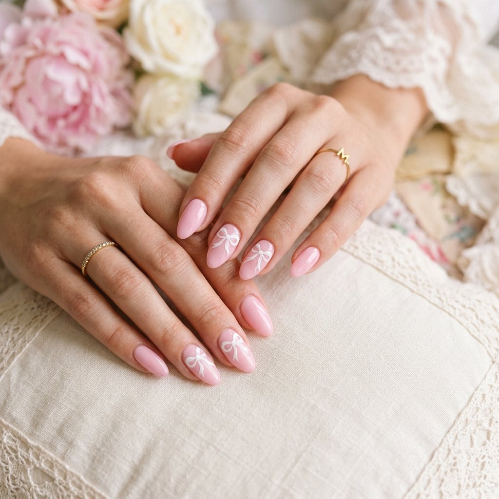 Coquette Aesthetic White Bow Nails