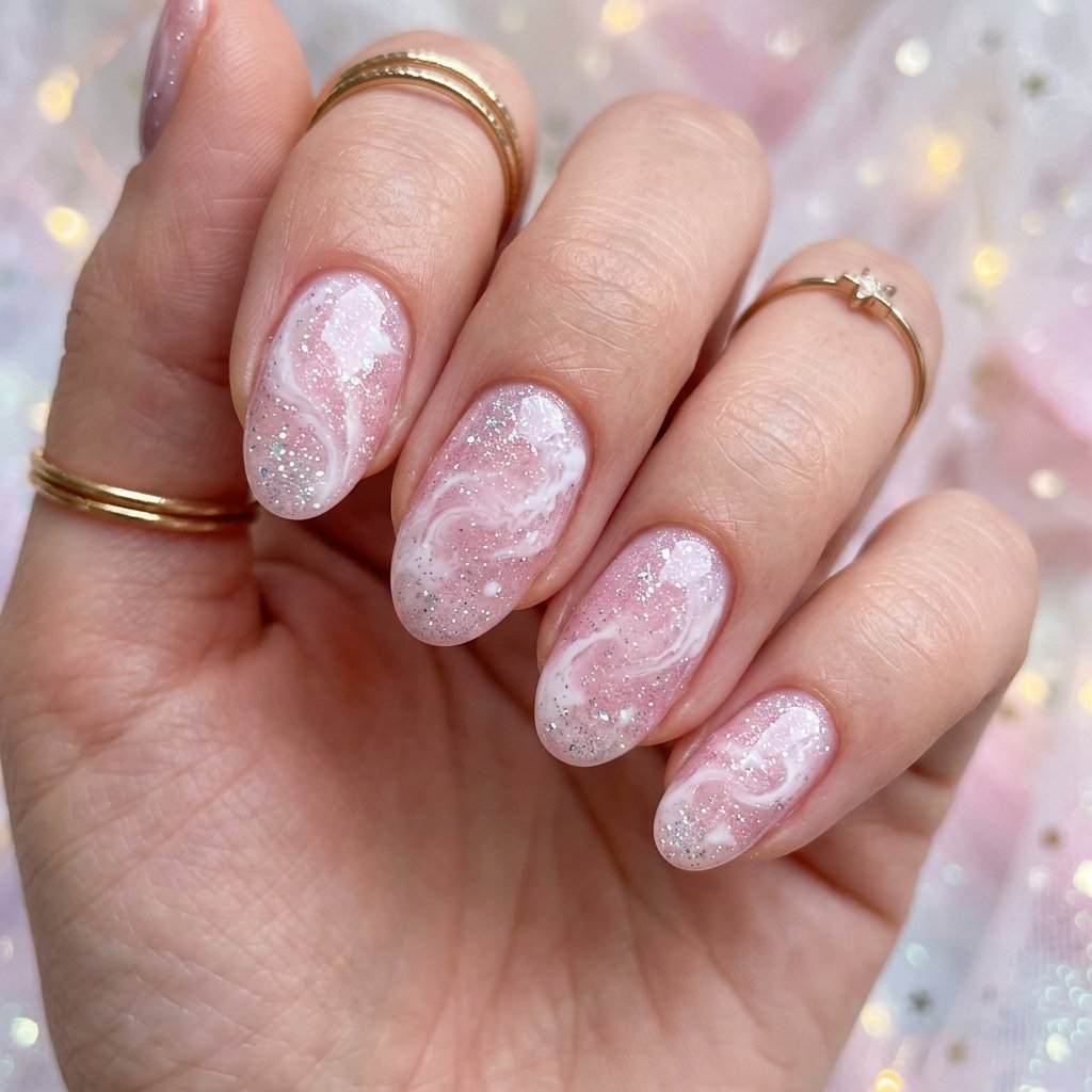 Pink and White Milky Way Swirl Nails