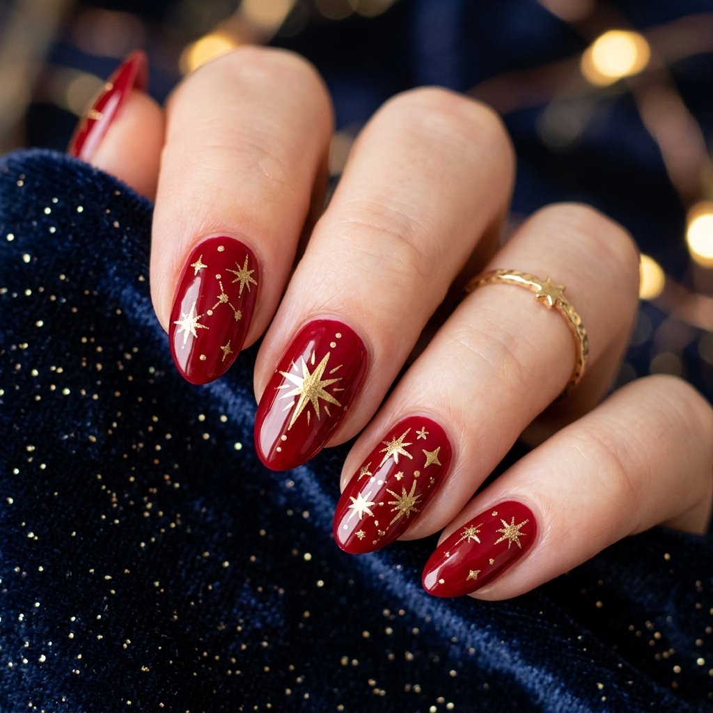 Vibrant Red with Gold Celestial Starbursts