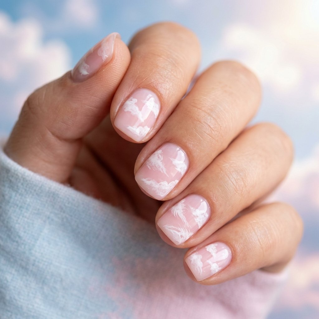 30 Minimalist & Bold Short Nails Art Ideas You'll Love 16 Cloud Art on Sheer Pink