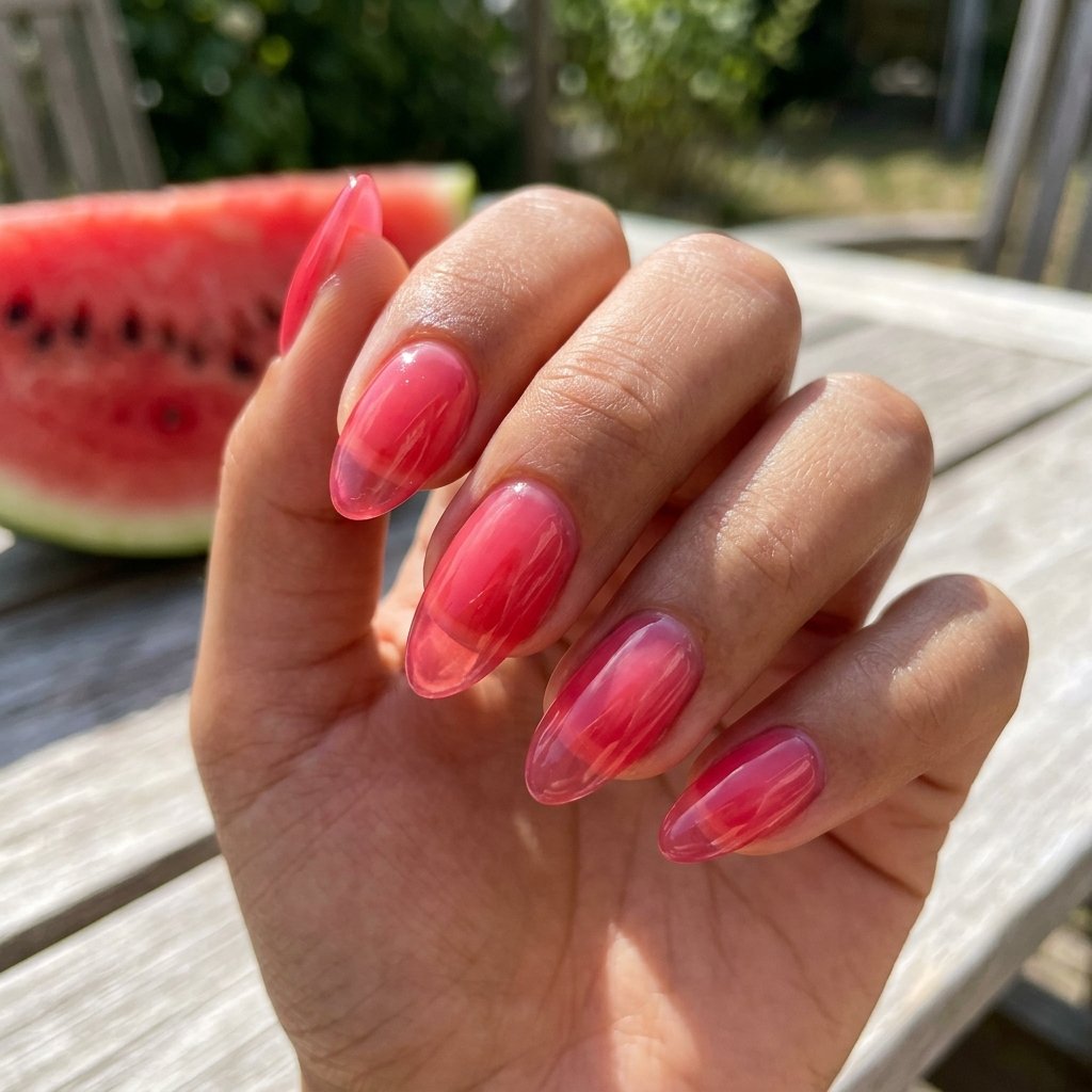Watermelon Pink Jelly Texture Nails
