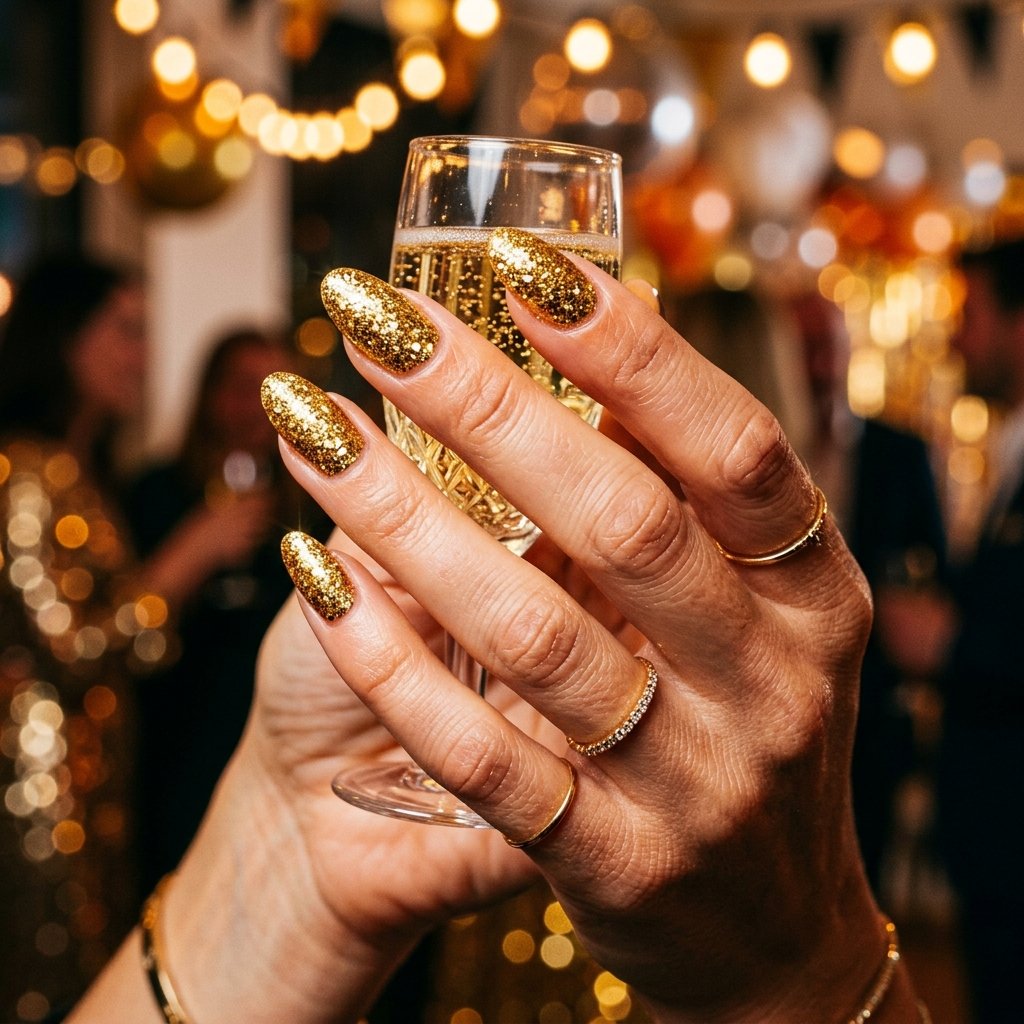 Gold Glitter New Year Nails