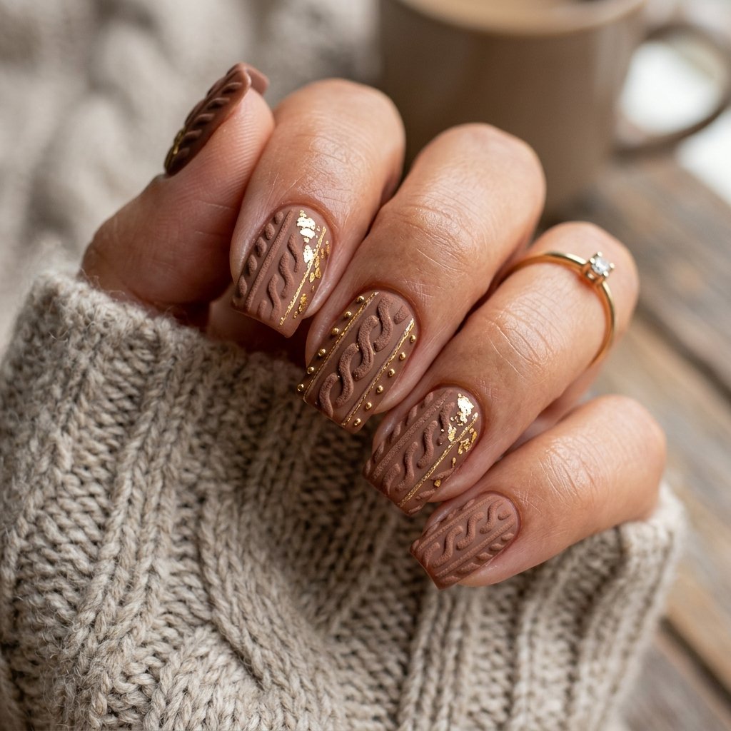 Cocoa Brown Knit Nail Ideas