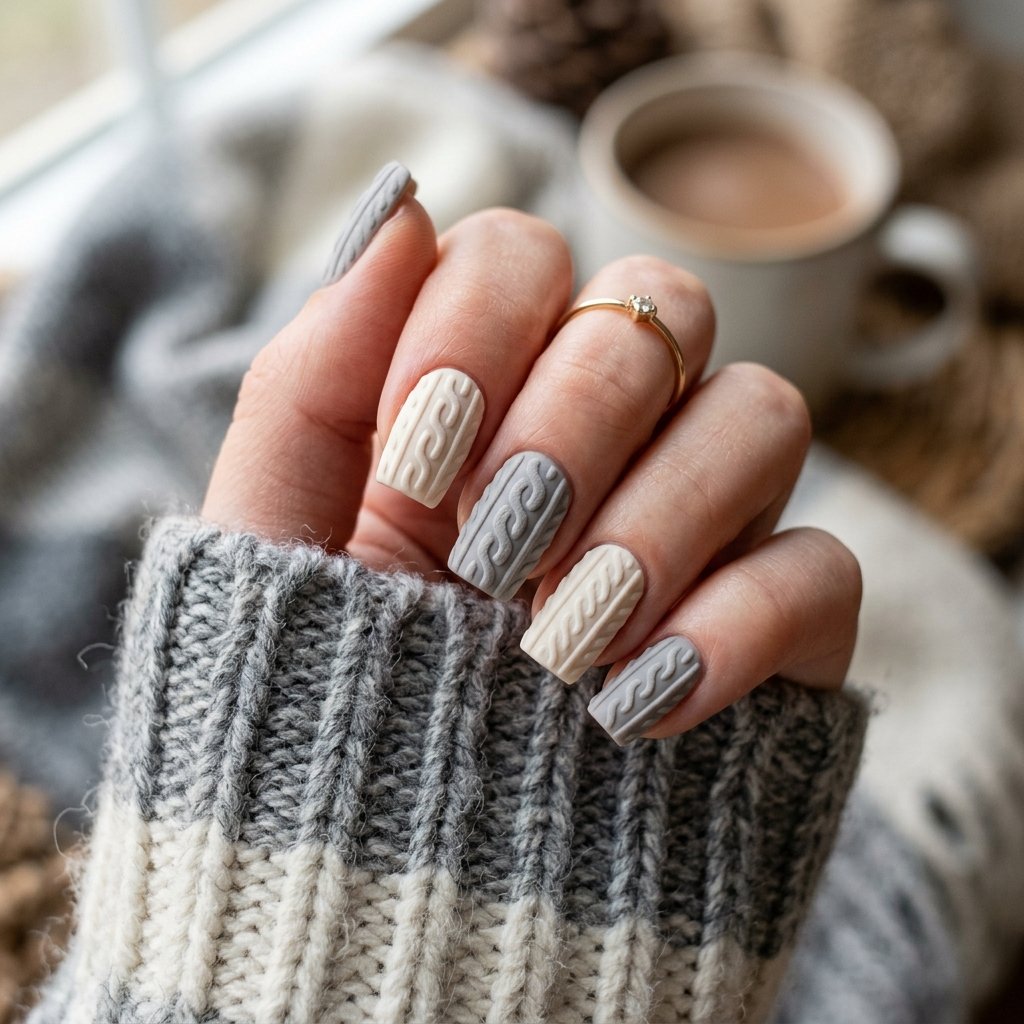 Cream and Grey Knit Nail Ideas