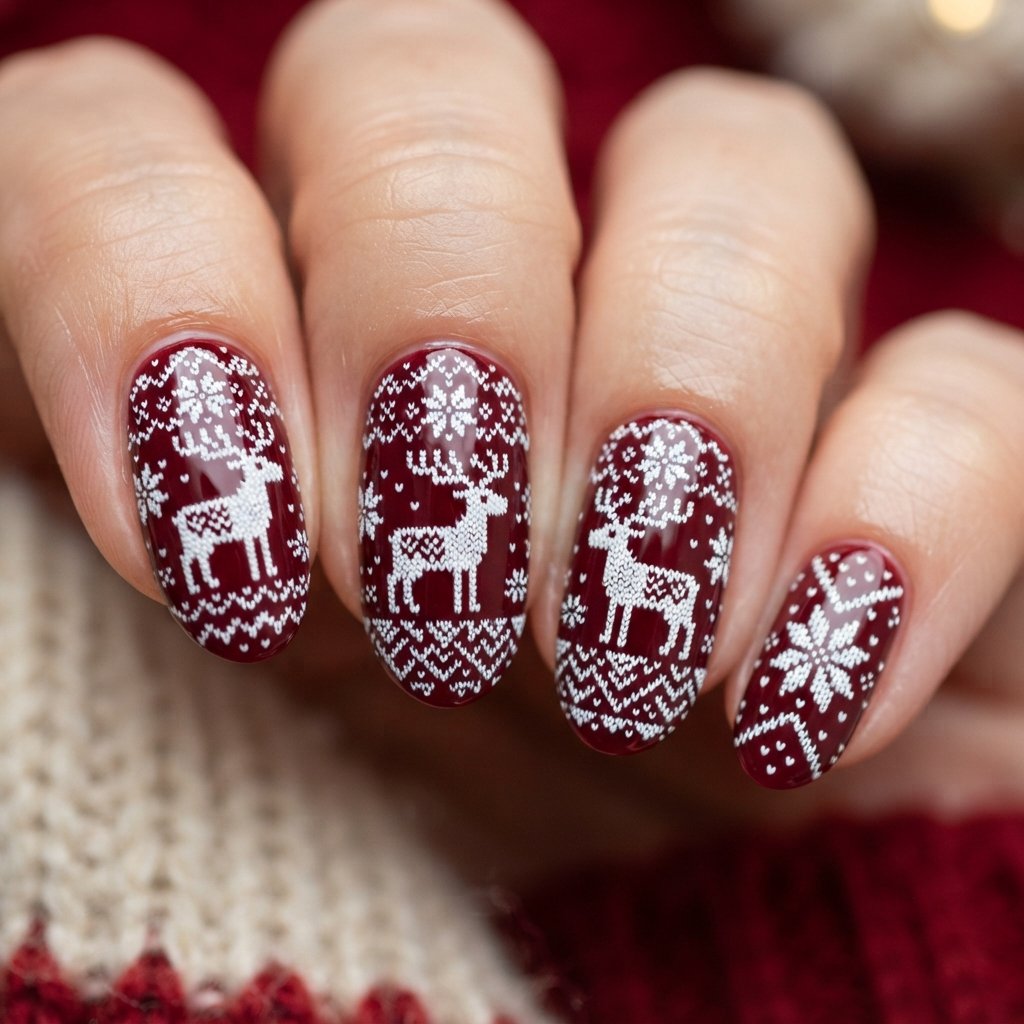 Nordic Reindeer Knit Nail Art