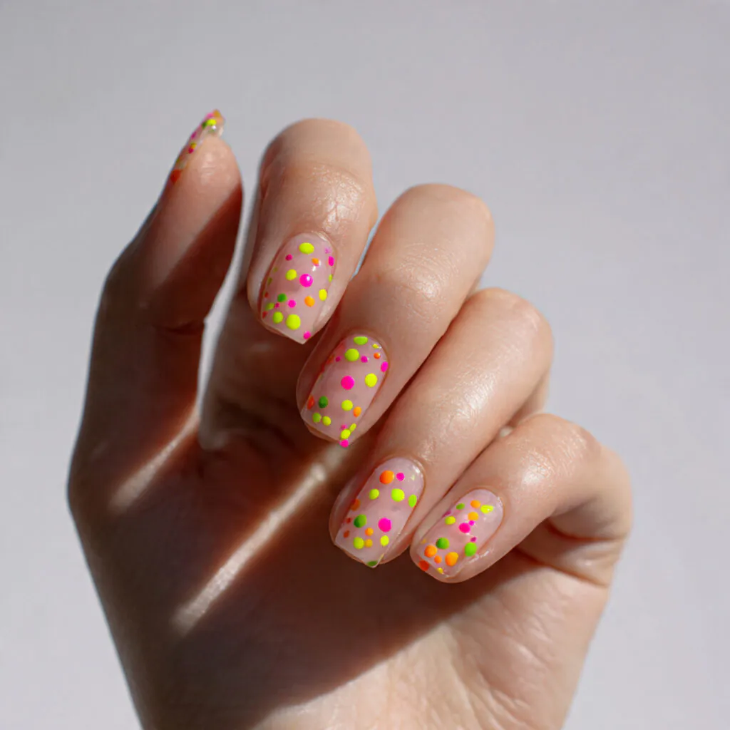 27 Modern Polka Dot Nail Ideas That Prove Dots Never Go Out of Style 4 Neon Confetti Dot Nail Ideas