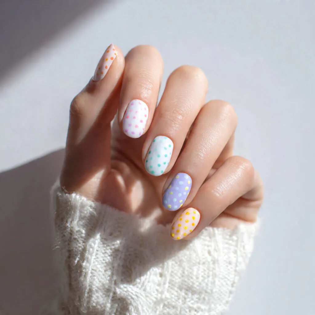 27 Modern Polka Dot Nail Ideas That Prove Dots Never Go Out of Style 9 Pastel Rainbow Dot Nail Ideas