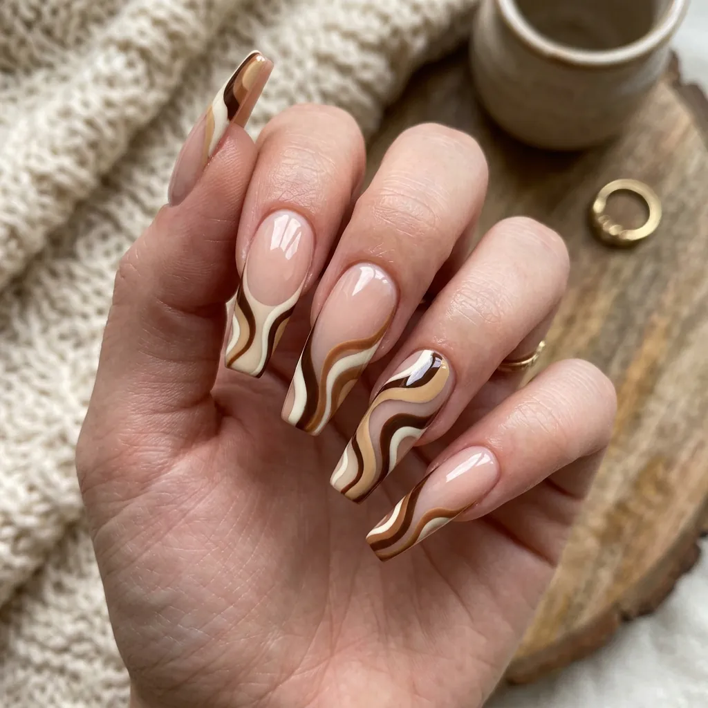 Abstract Swirl French Tip Coffin Nails