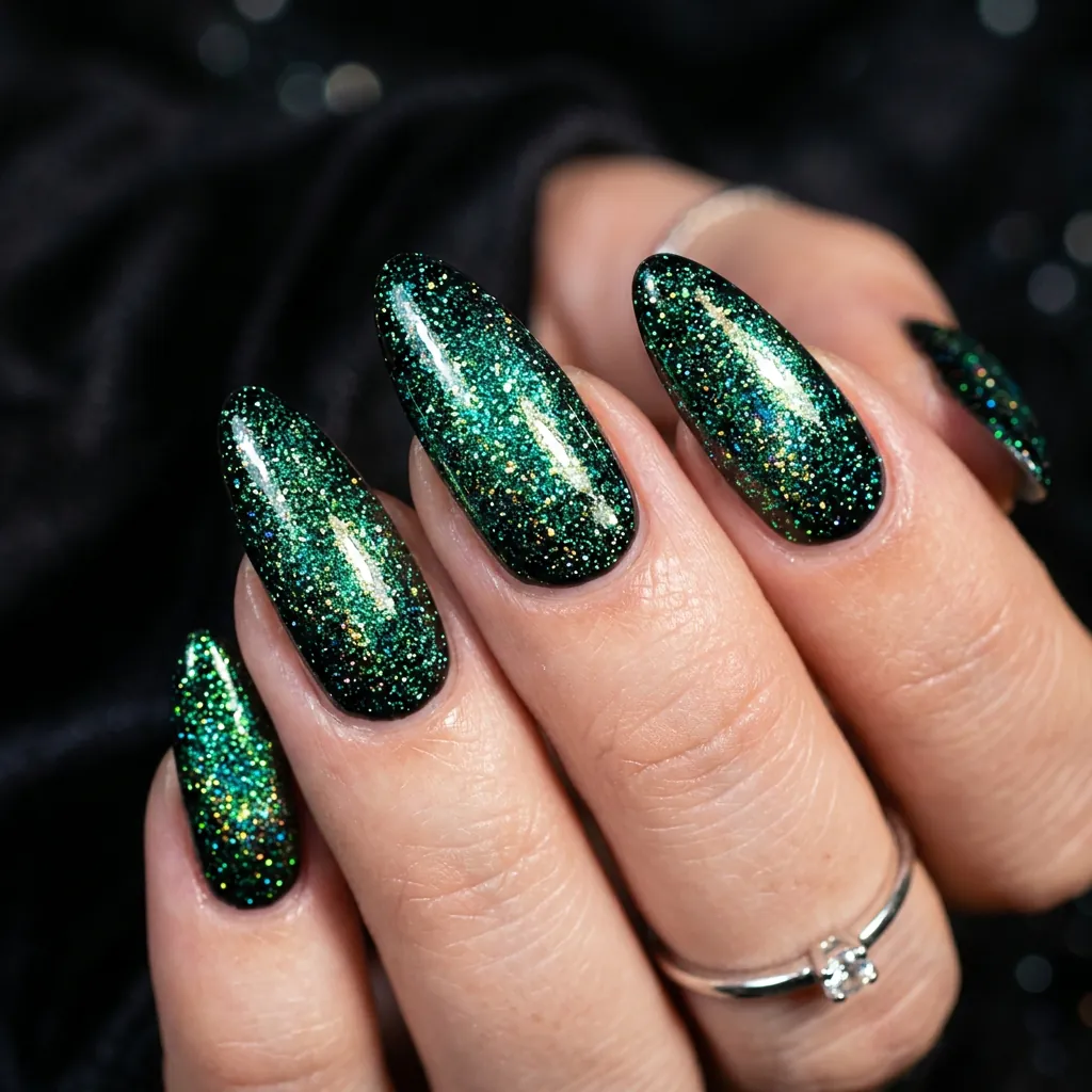 Holographic Green Glitter on Jet Black Base Idea