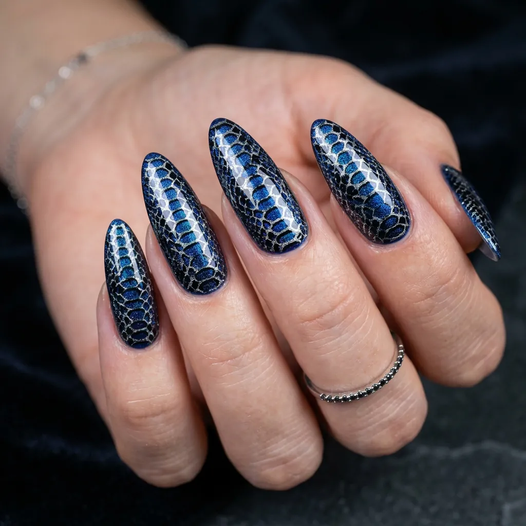 Cobalt Blue Snake Skin Nails