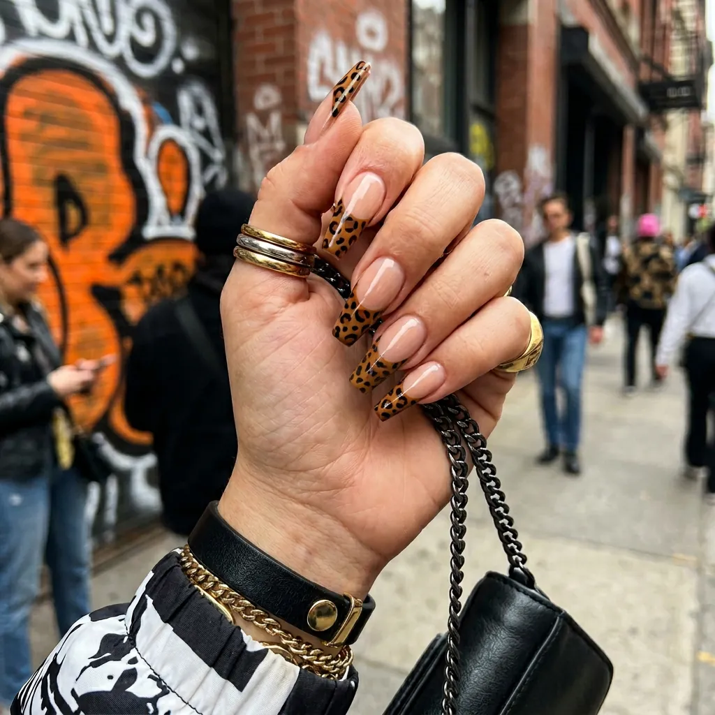 Animal Print French Tip Coffin Nails