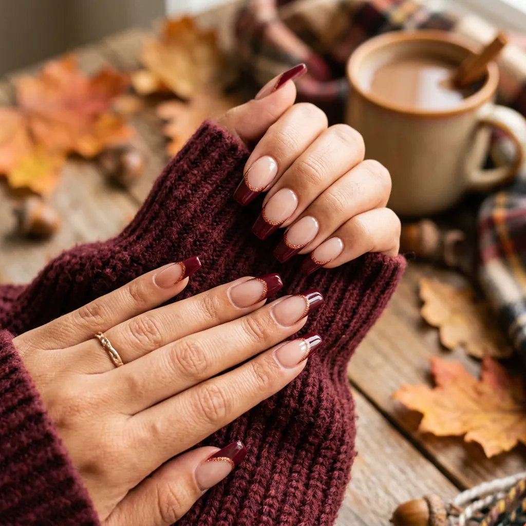 Burgundy Fall French Tip Coffin Nails