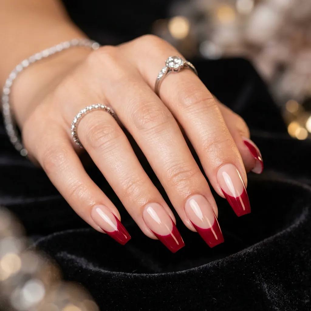 Cherry Red French Tip Coffin Nails
