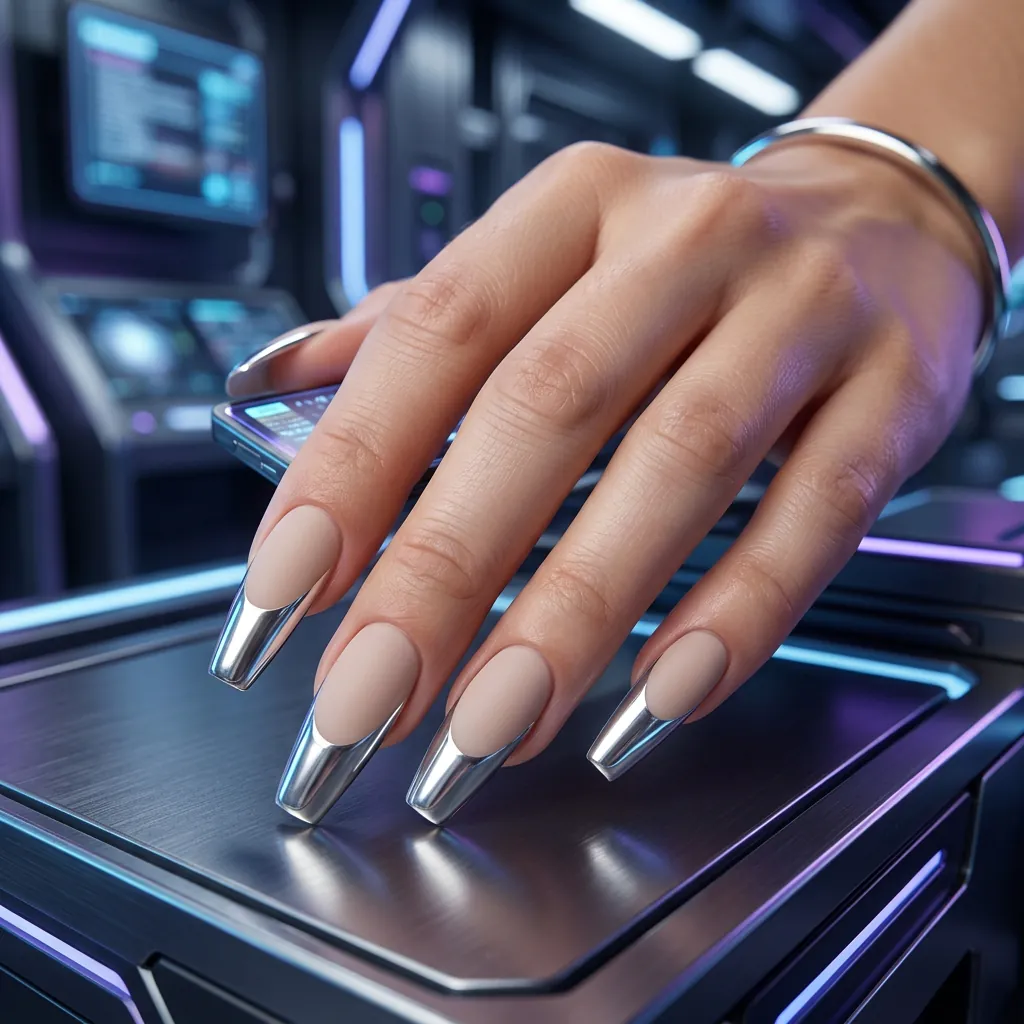Chrome Finish French Tip Coffin Nails