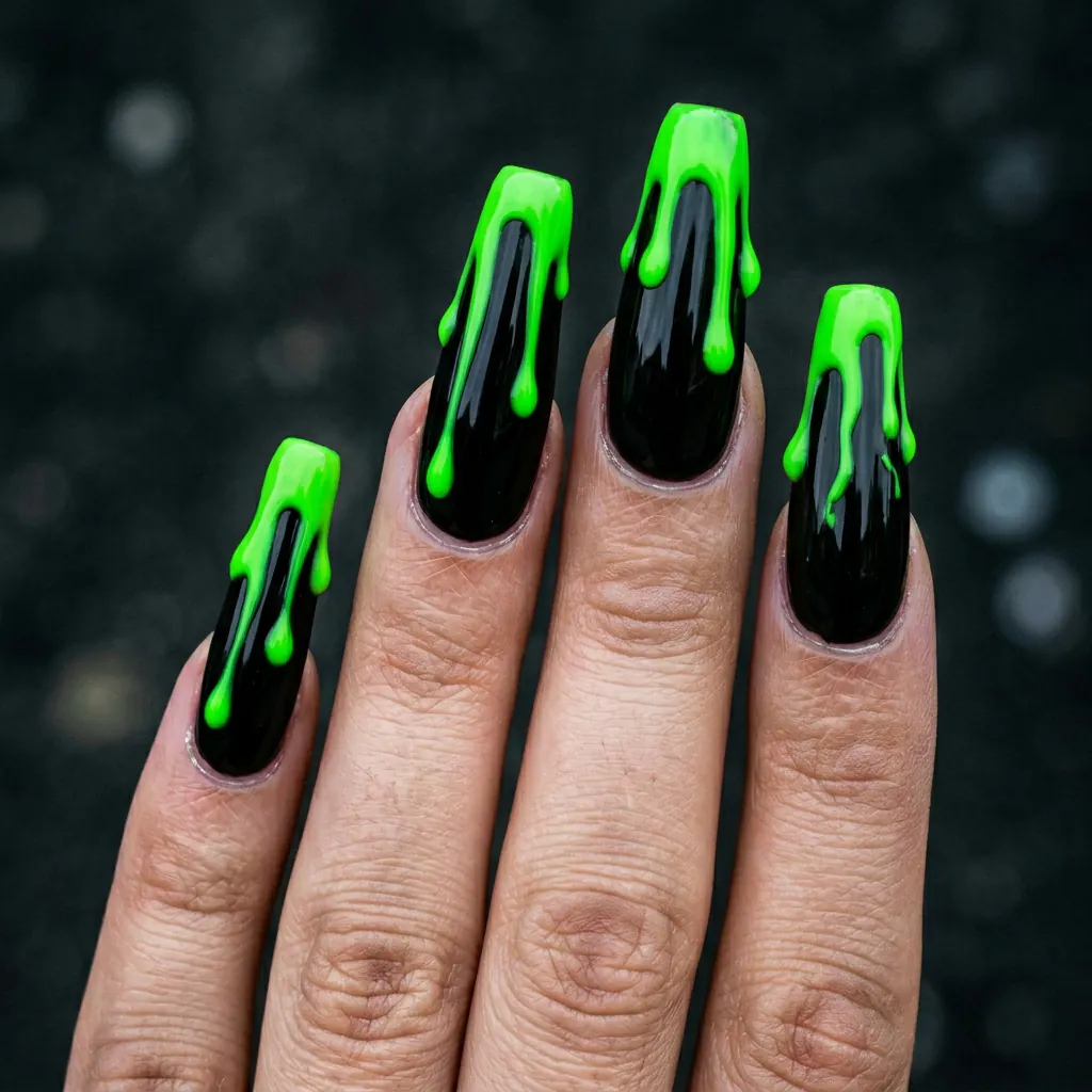 Slime Green Drips over Glossy Black Tips Idea