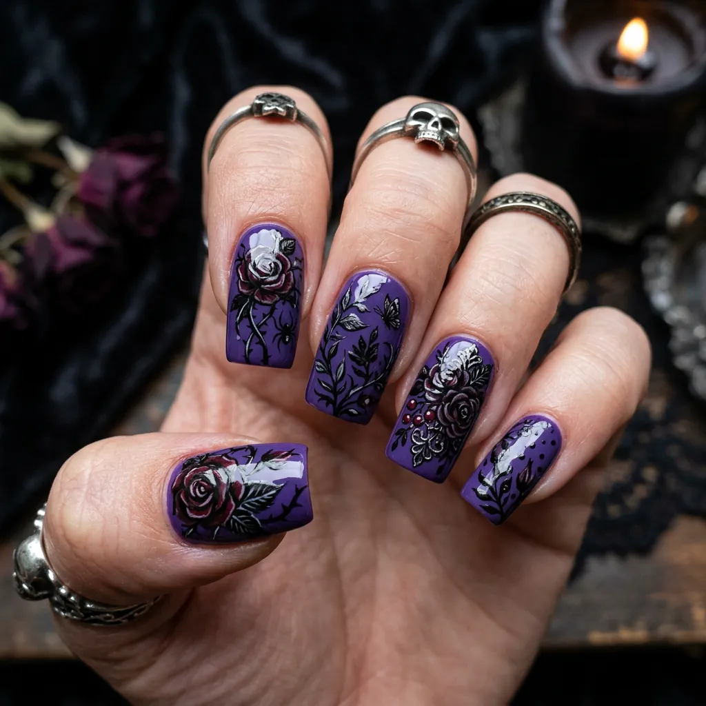 Purple Floral Halloween Nails Ideas