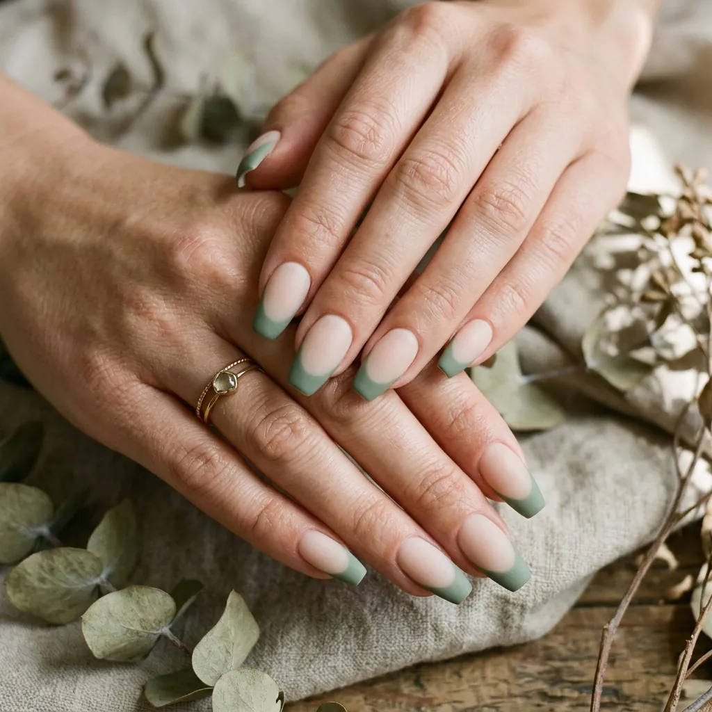 Earthy Sage Green French Tip Coffin Nails