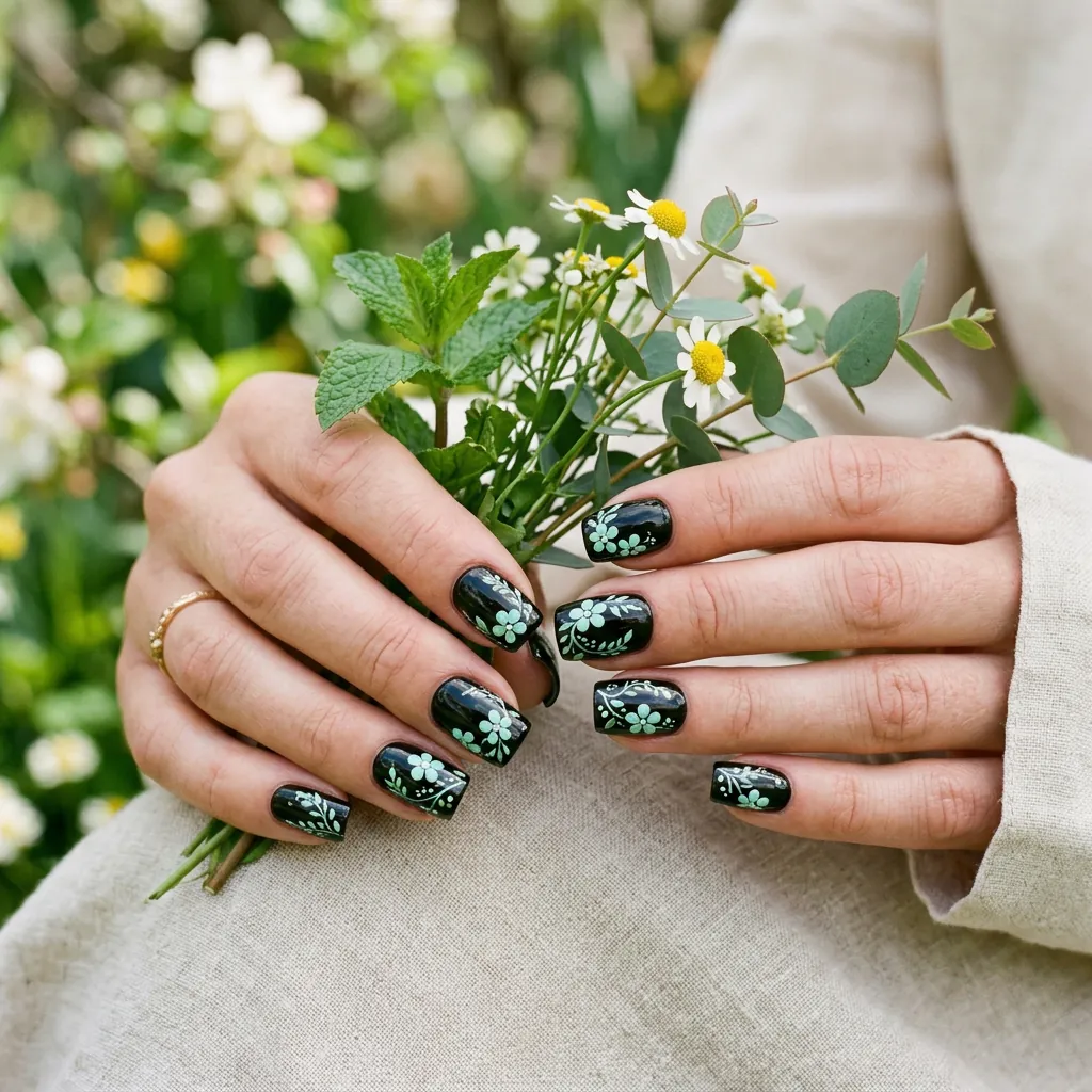 Glossy Black Nails with Mint Green Florals Idea