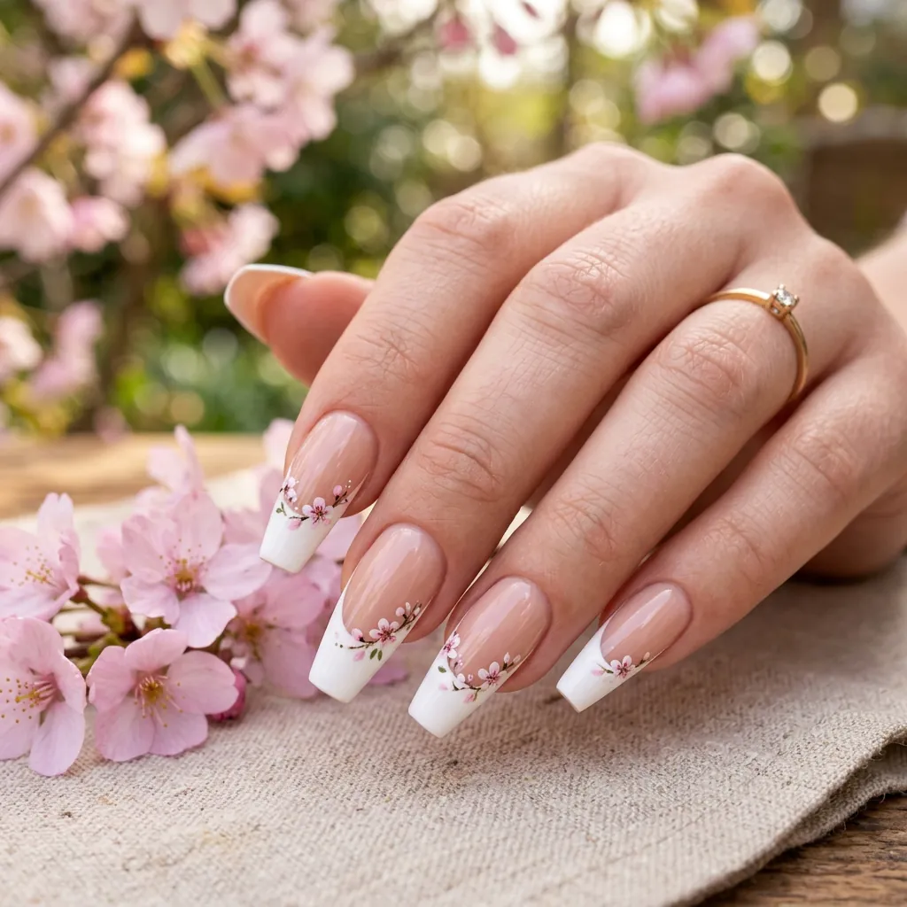 Floral Accent French Tip Coffin Nails