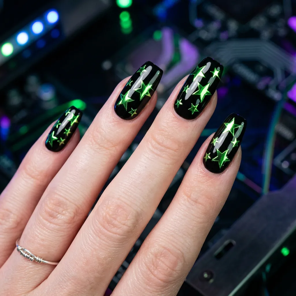 Chrome Green Stars on Solid Black Nails Idea