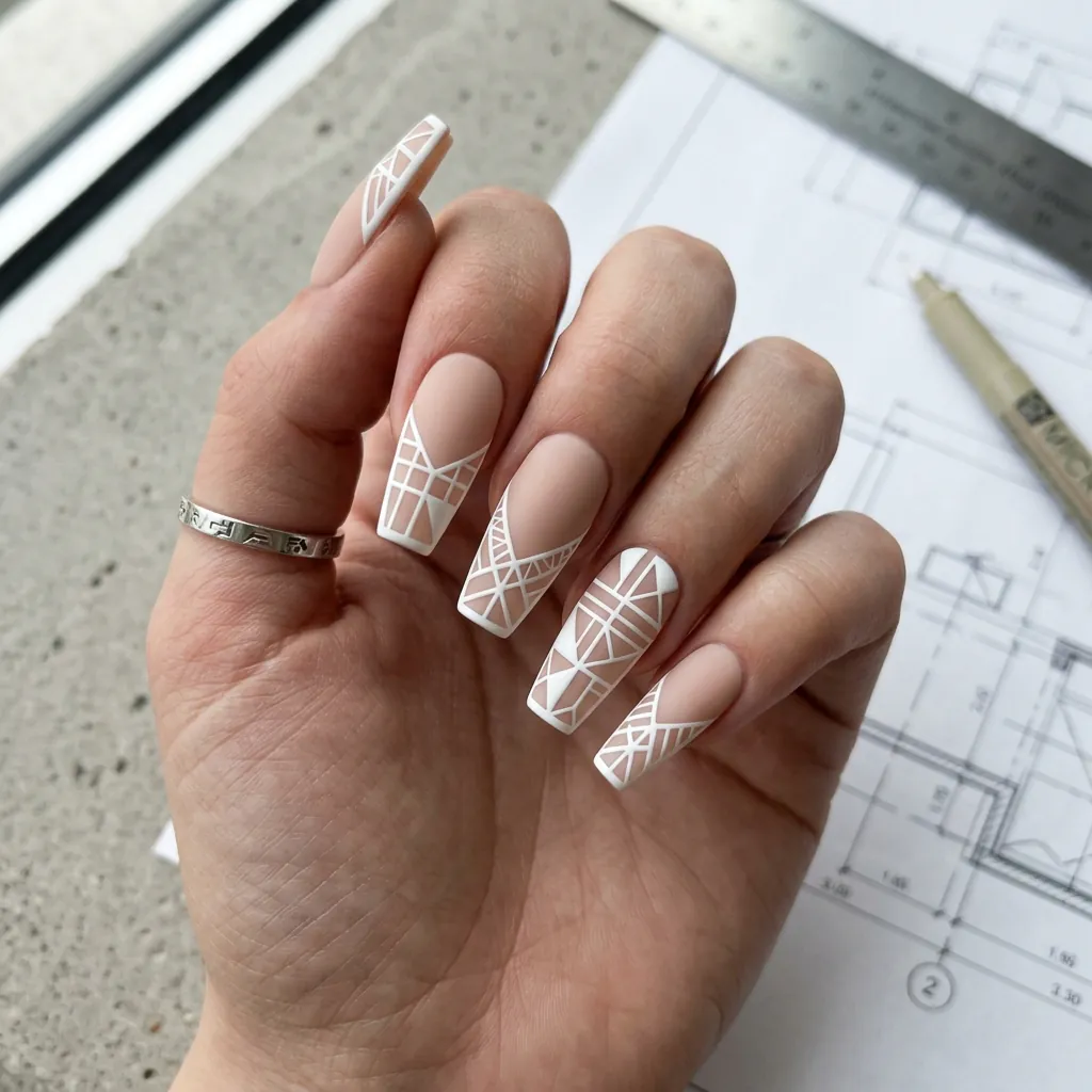 Geometric Line French Tip Coffin Nails