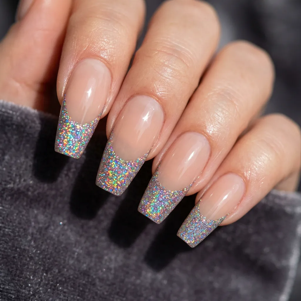 Fine Holo Glitter French Tip Coffin Nails