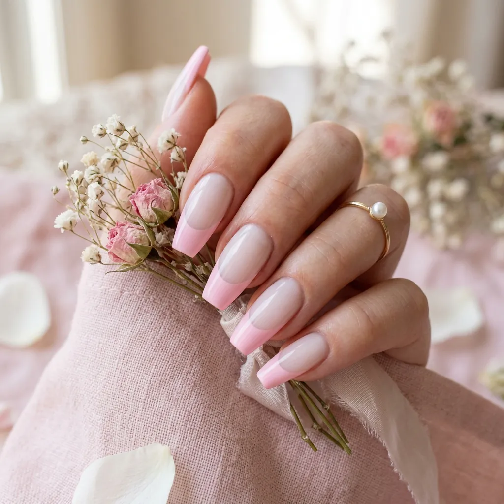 Pastel Pink French Tip Coffin Nails