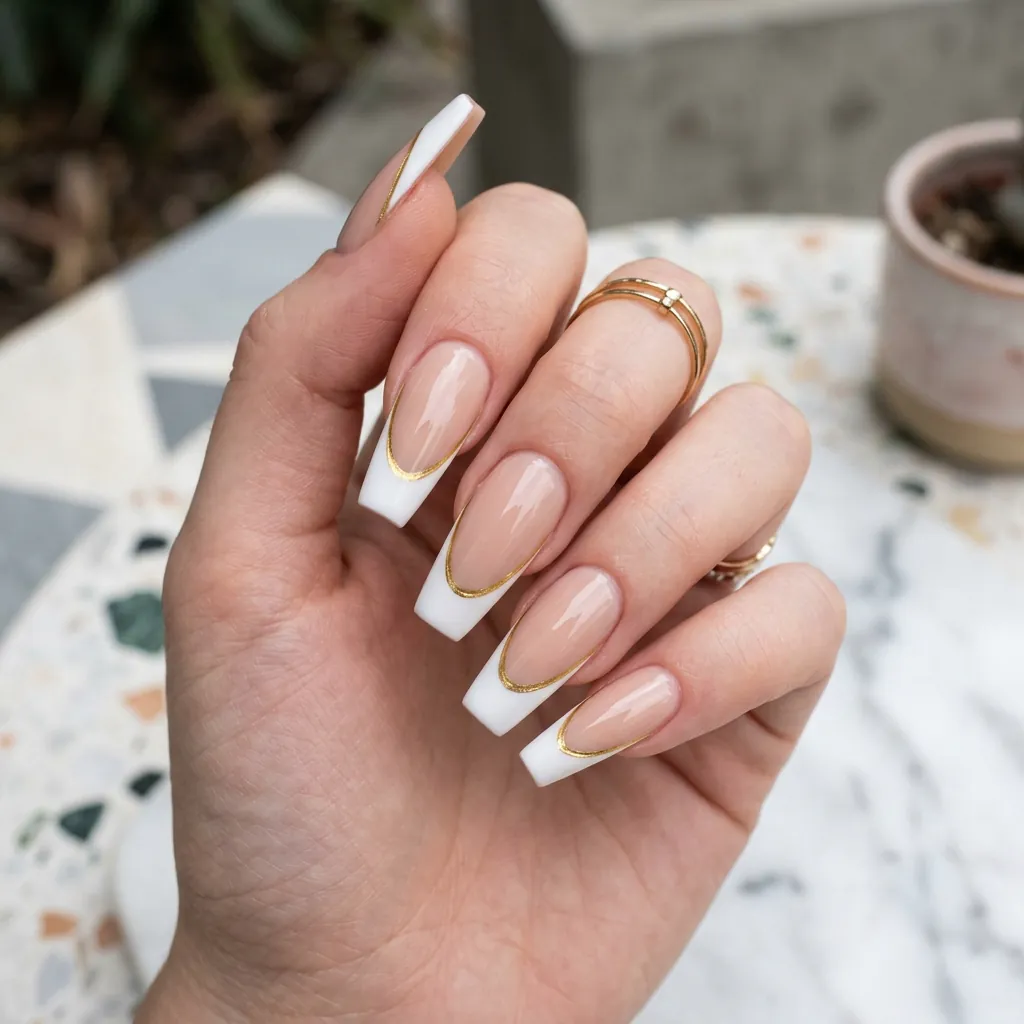 Double Lined French Tip Coffin Nails