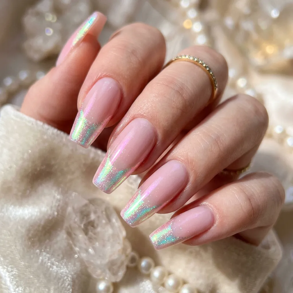 Iridescent Shimmer French Tip Coffin Nails